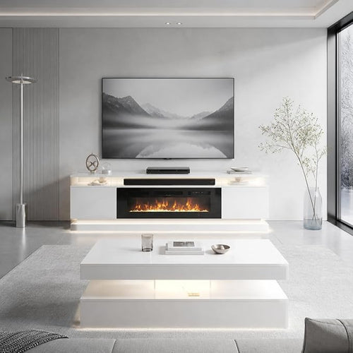 2-Piece Modern Living Room Table Set, Includes High Gloss 70" Fireplace TV by Nordivale