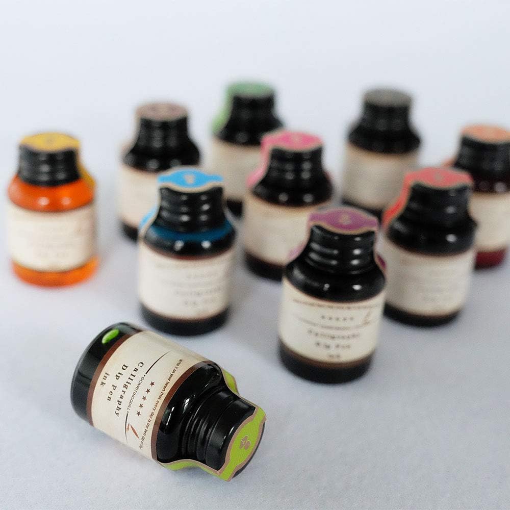 GC QUILL Dip Pen Ink, 10 Colors Fountain Dip Pen Ink Set Non-Carbon Drawing Writing Art Craft Dip Inks Bottles, 20cc Bottle 10 Colors Set LL-710