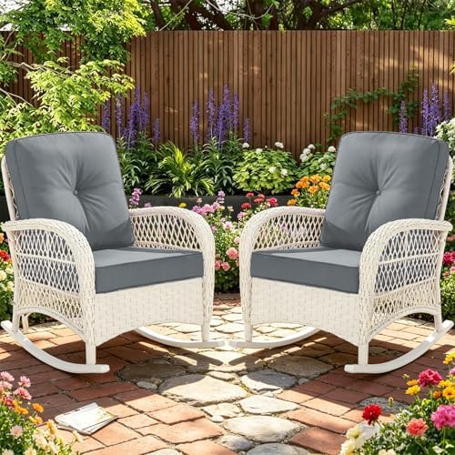 MEETWARM Outdoor Wicker Rocking Chairs Set of 2, Rattan Patio Rocker Chairs by MEETWARM