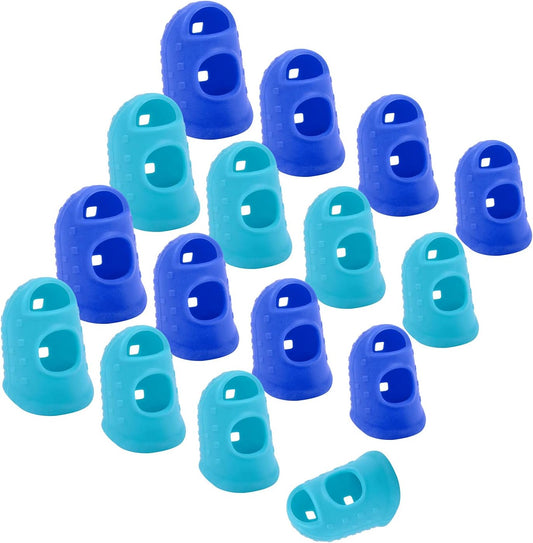 Wisdompro 16 Pcs Finger Tips, 4 Sizes Silicone Thimble Fingertip Grips Thumb Protectors Pads Cover for Hand Sewing, Paper Sorting, Page Turning, Money Counting, Guitar Playing - Blue, Aqua