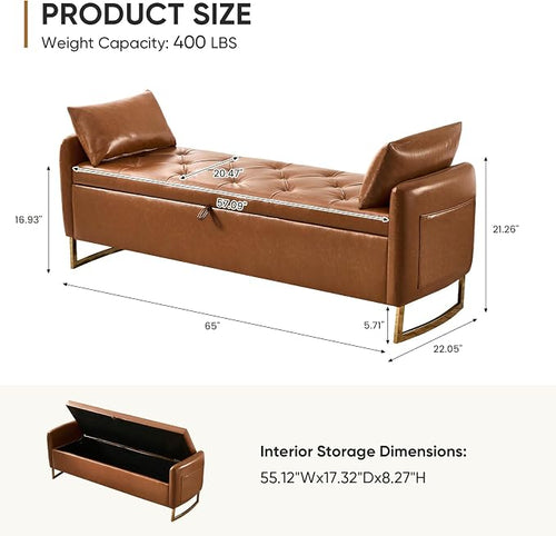 65" End of Bed Storage Bench, Leather Storage Bench - Image 2