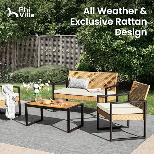 PHI VILLA 4 Piece Yellow Wicker Patio Furniture Set - Image 3