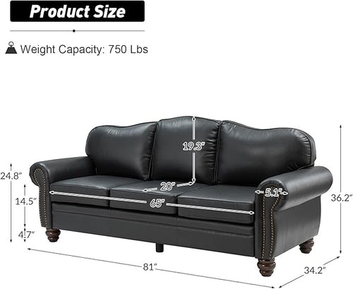 81" Genuine Leather Sofa, Classic 3-Seater Couchs - Image 2