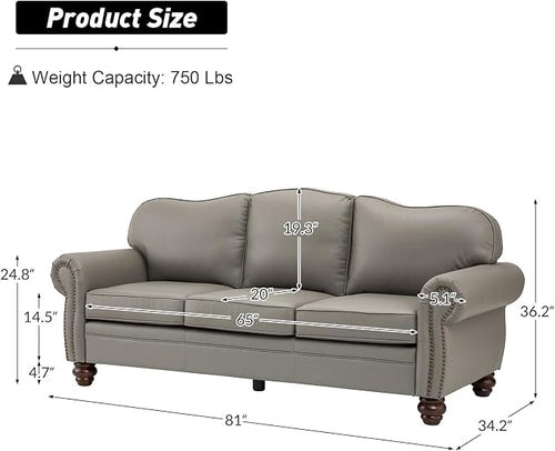 81" Genuine Leather Sofa, Classic 3-Seater Couchs - Image 2