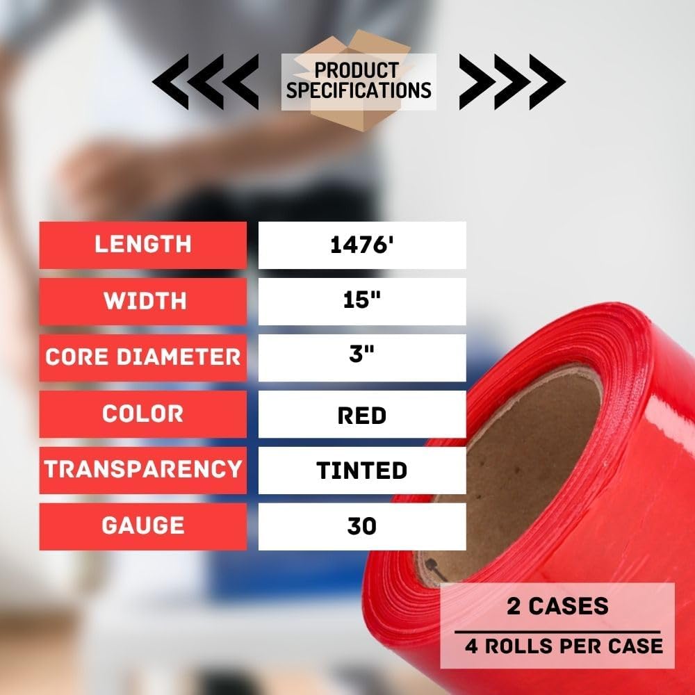 PSBM Red Stretch Wrap, 15 Inch x 1476 Feet, 8 Pack, Tinted Pre-Stretched Shrink Wrap Film for Moving, Packaging, Pallet Wrapping