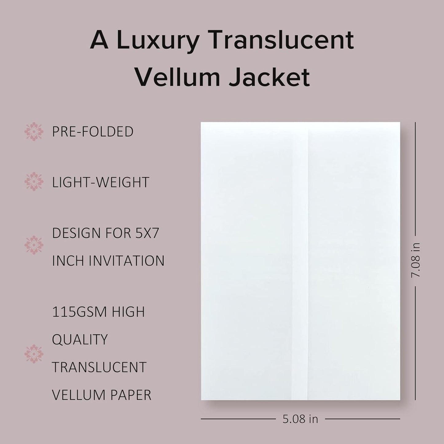Puremigo 60 Pack Luxury Pre-Folded Vellum Jackets for 5x7 Invitations - Vellum Paper 5x7 Jackets - 115GSM Wedding Invitations Wraps - Transparent