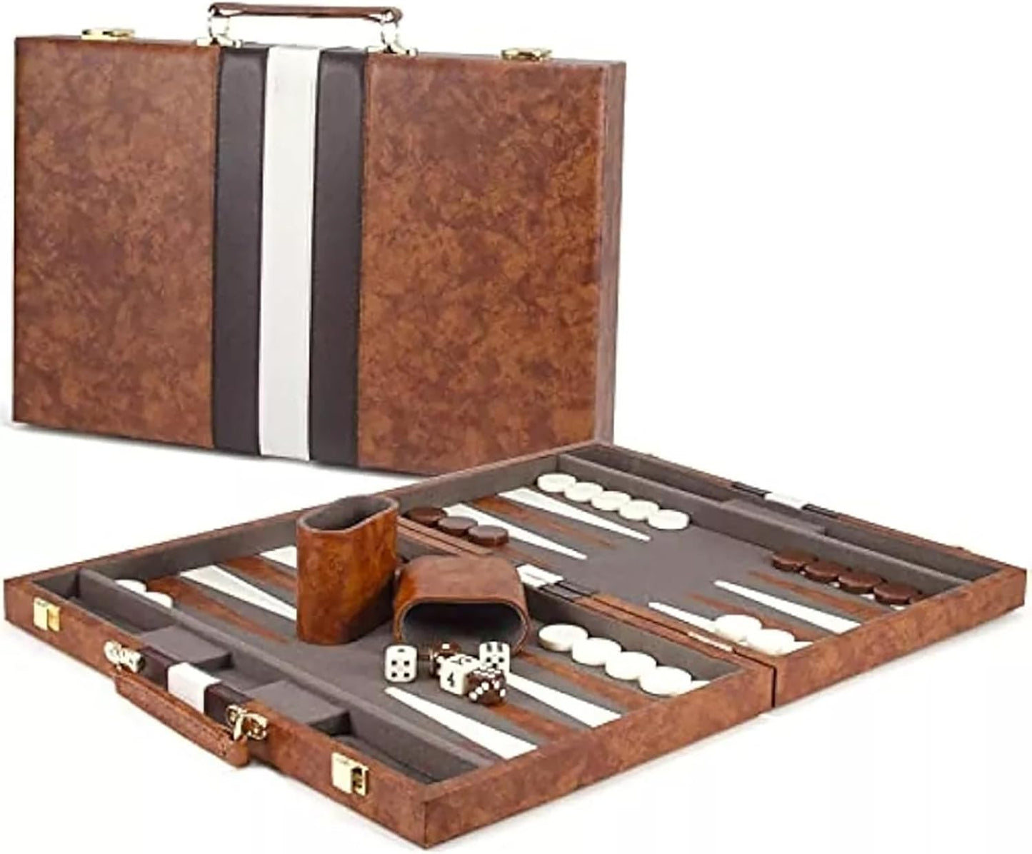 15inch Backgammon Set Classic Folding Board with Leather Case, Portable Travel Game, Ideal Gift Package for Strategy Lovers