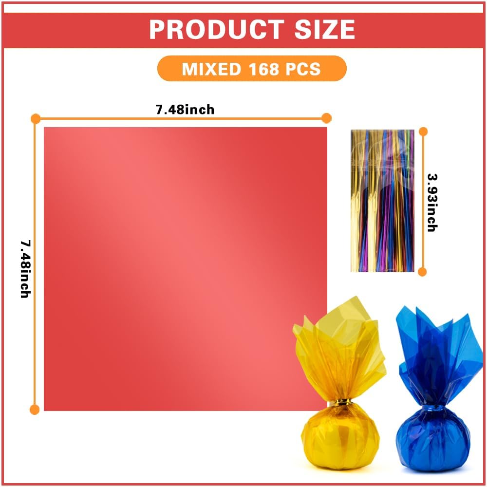 168 PCS Colored Cellophane Wrap Paper(7.48x7.48 Inch) Treat Candy Small Gifts Wrapping Baskets Colorful Plastic Sheets for Crafts Transparent Clear Clings Birthday Baby Shower Holiday Party Decor