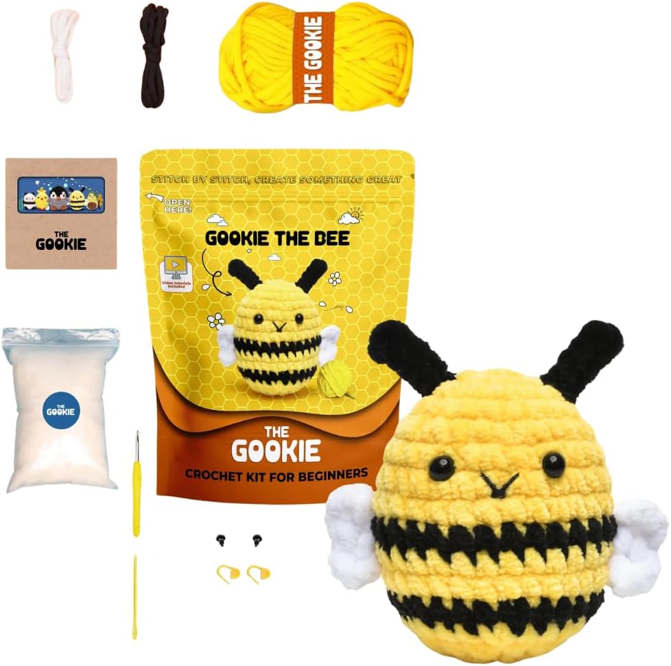 THE GOOKIE Amigurumi Crochet Kit for Beginners – DIY Crochet Kit with Yarn, Hook, Eyes & Stuffing – Easy Starter Set with Video Tutorials – Cute Plush Toy Craft Gift for Kids, Teens & Adults (Bee)