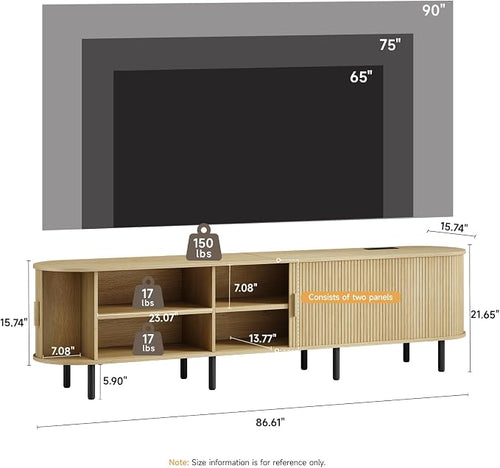 86.6" TV Stand with Power Outlet, Mid-Century Modern Television Stand, Fluted - Image 2