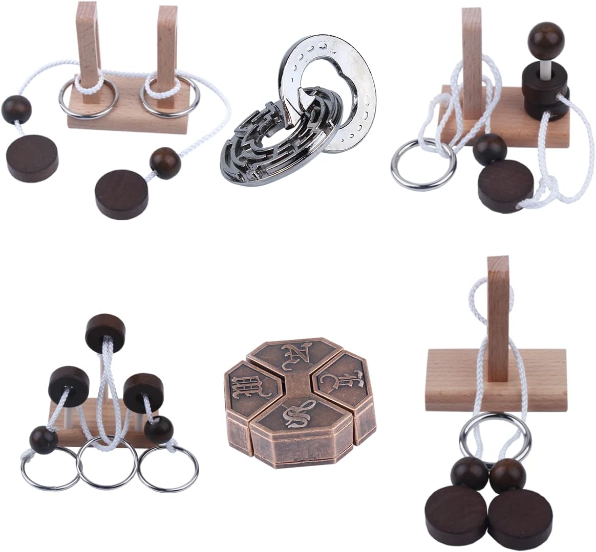Wooden and Metal 3D Unlock Interlock Assorted Brain Teasers Puzzles，IQ Logic Training Family Game Party Favor Coffee Table Time Unlock Interlock Mind Puzzles Box（6Pcs）
