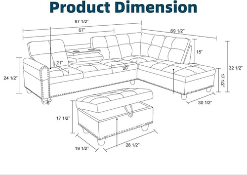 97.5" Yellow Couch L Shaped Couch Set, Modular Sectional Couches - Image 2