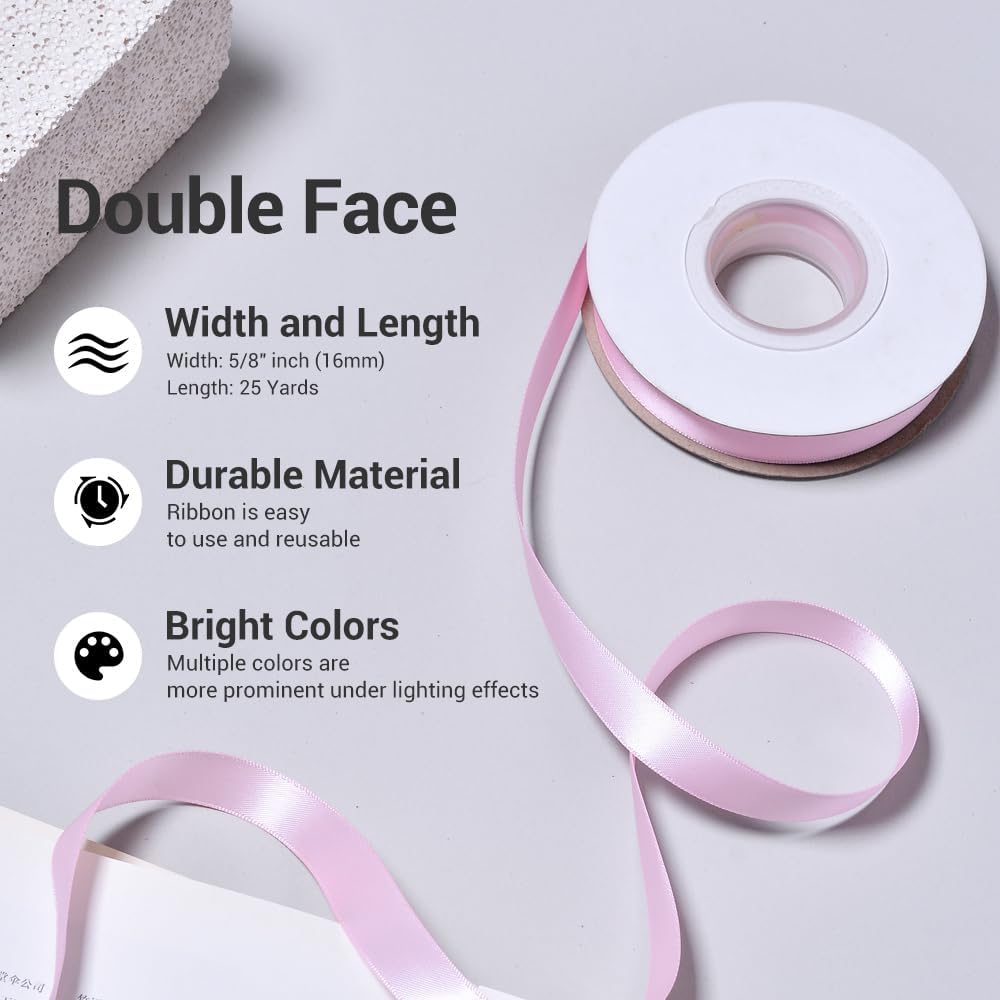 YAMA Light Pink Double Face Satin Ribbon 5/8 Inch 25 Yards Baby Pink Ribbon for Gift Package Wrapping,Floral Design,Hair Bow Clip Making,Crafting,Sewing,Wedding Decor