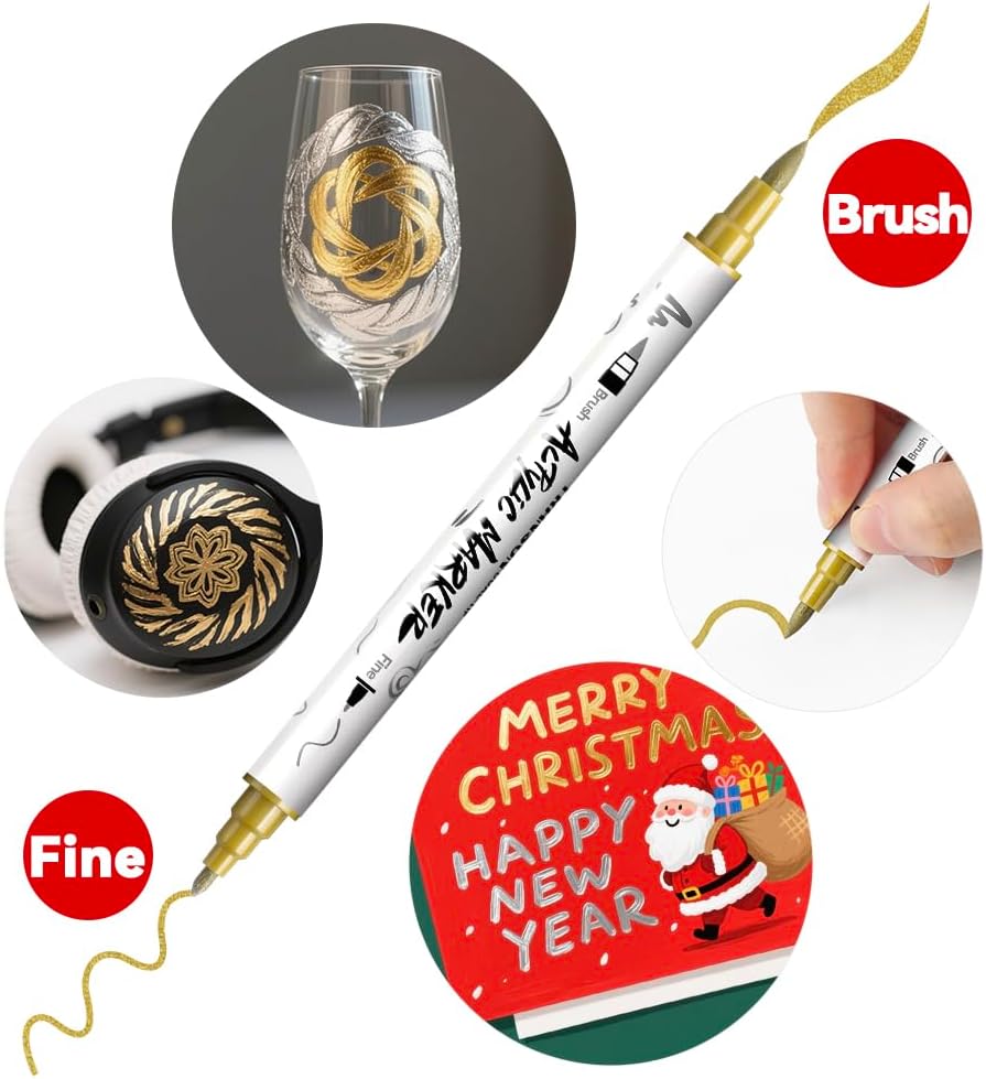 TRANSON 3 Gold, 3 Silver, 1 Black and 1 White Paint Markers Brush and Fine Dual-tip Acrylic Paint Marker Set for Rock Painting Glass Canvas Wood Leather Ceramic Painting