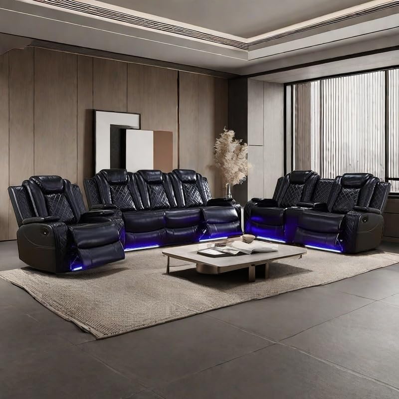 Power Recliner Set with LED Lights, Air Leather Reclining Set with USB by Unknown