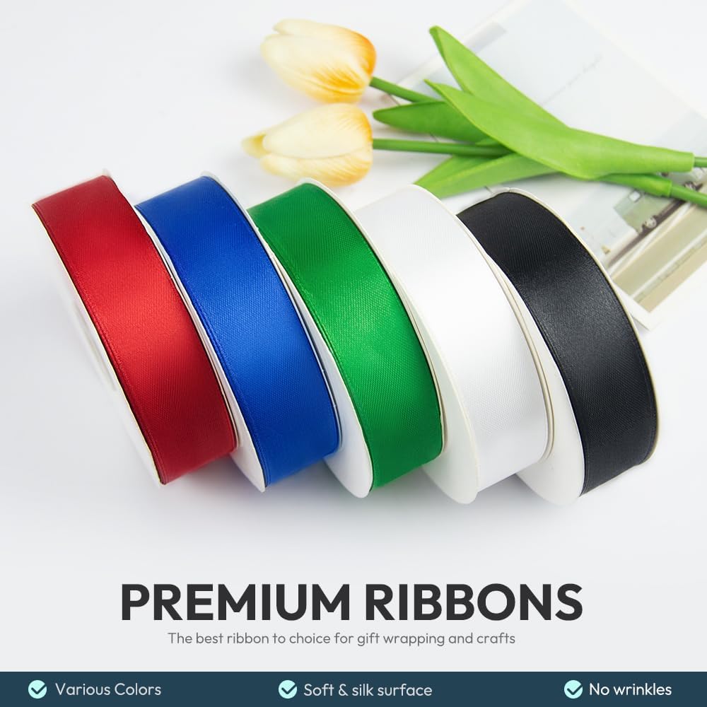 KMER LIFE 1 inch Wide x 50 Yards White Single Faced Polyester Satin Ribbon, White Satin Ribbon Perfect for Wedding Decor, Wreath, Crafts, Gift Wrapping & Other Projects (White)