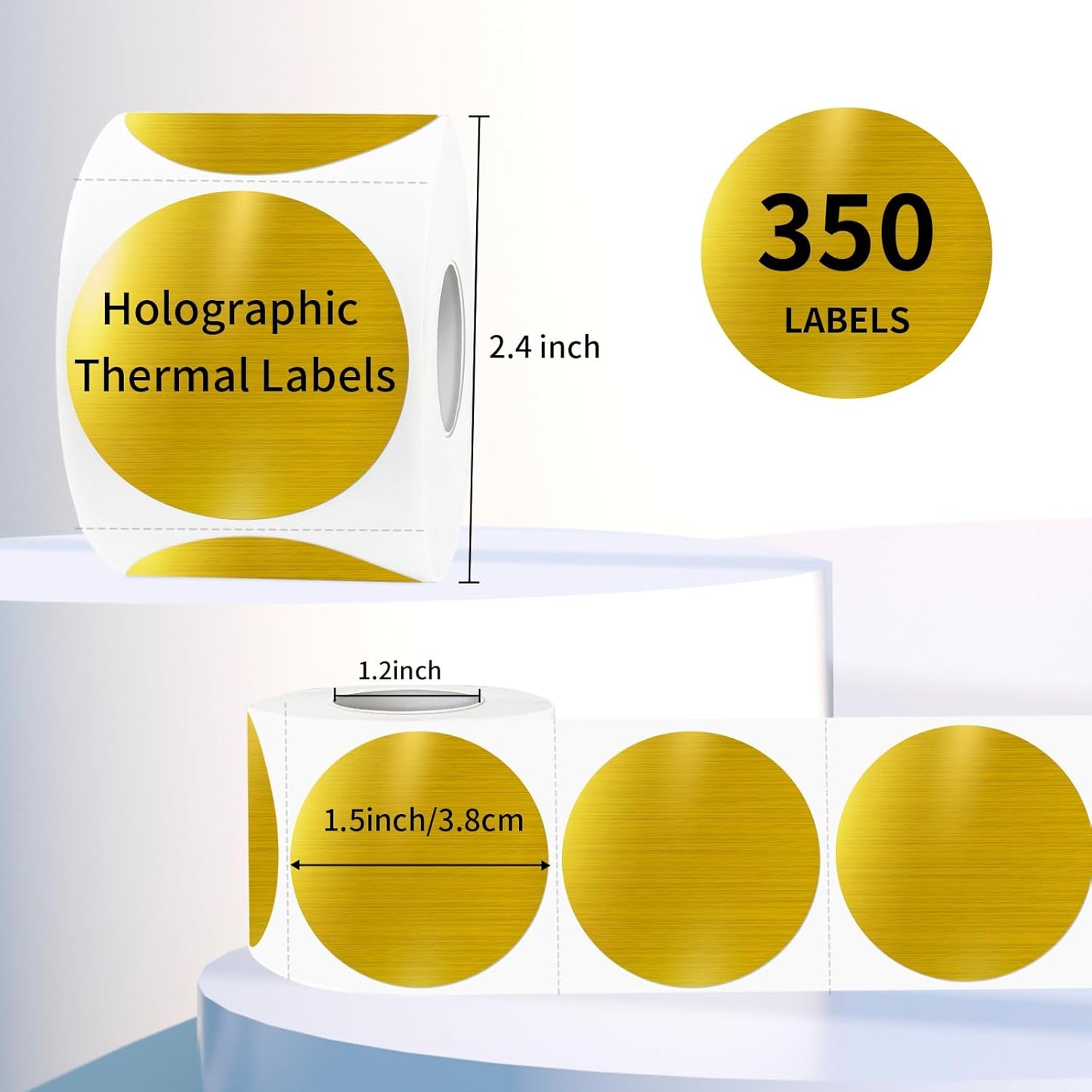 1.5" Holographic Direct Thermal Label Stickers, Round Printable Rainbow Glitter Thermal Printer Sticker Labels for Gift Wrapping, Self-Adhesive DIY Custom Logo Design- Gold