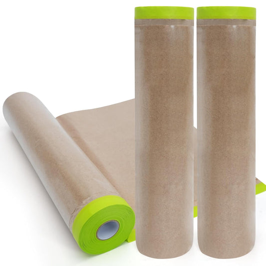 ADHES Pre-Taped Masking Paper for Painting, 3 Rolls 24 Inch x 50 Feet Tape and Drape Painters Paper Roll with Masking Tape, Automotive Paint Masking Paper for Cars, Walls, Floors, Furniture Protection
