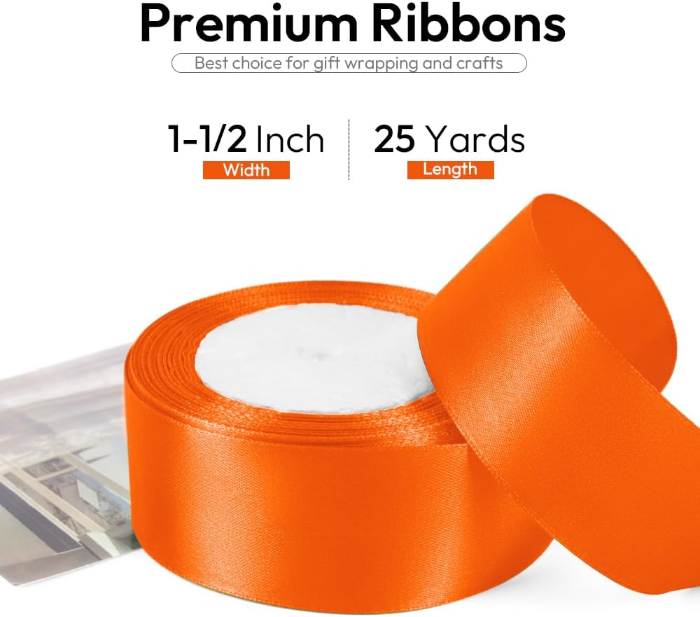 1-1/2 Inch Orange Ribbon, 25 Yards Orange Stain Ribbon for Gift Wrapping, Halloween, Christmas and Birthday Party Decoration, Craft, Flower Bouquet, Sewing