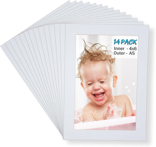 Egofine A5 White Picture Mats Pack of 14, Frame Mattes for 4x6 Pictures, Acid Free, 1.2mm Thickness, with Core Bevel Cut