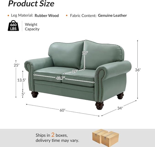 60" Wide Genuine Leather Chesterfield Loveseat, 2 Seat Leather Sofa - Image 2