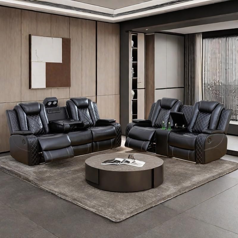 Power Recliner Set with LED Lights, Air Leather Reclining Set with USB by Unknown