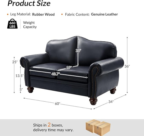 60" Wide Genuine Leather Chesterfield Loveseat, 2 Seat Leather Sofa - Image 2