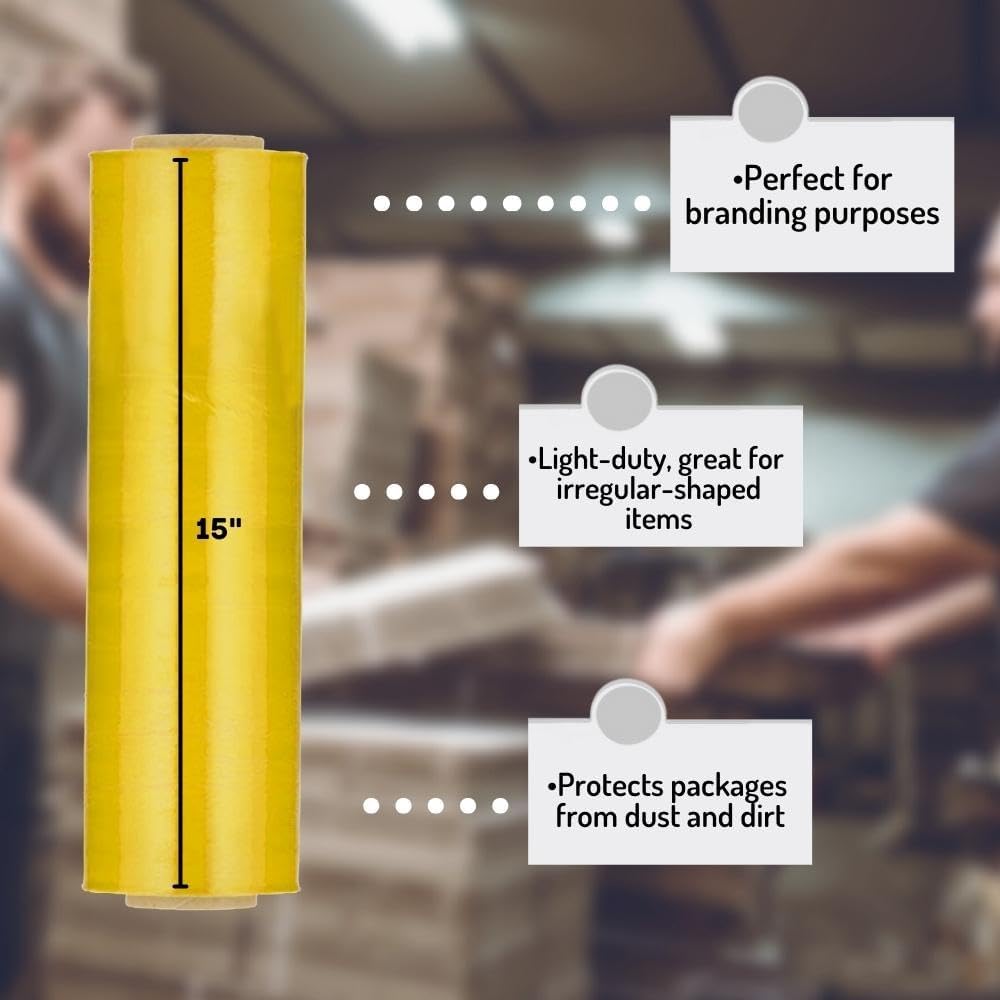 PSBM Yellow Stretch Wrap, 15 Inch x 1476 Feet, 144 Pack, Tinted Pre-Stretched Shrink Wrap Film for Moving, Packaging, Pallet Wrapping