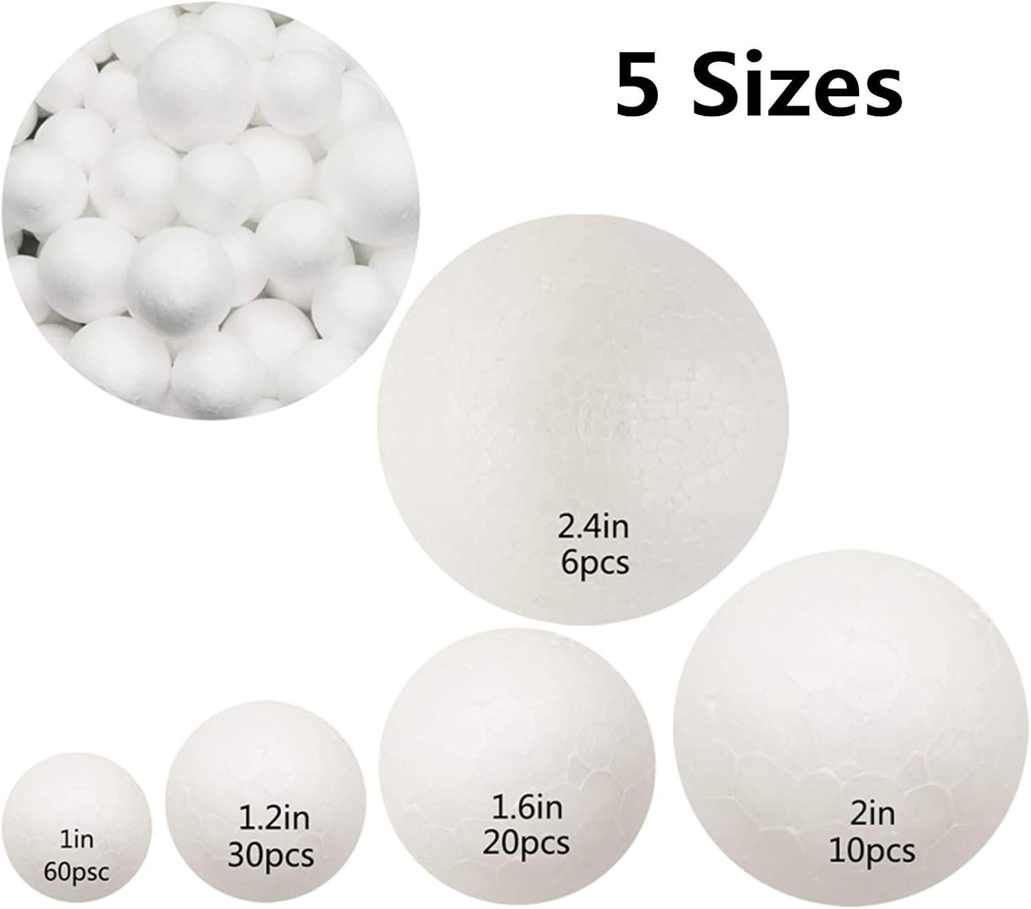 126 Pack Craft Foam Balls, 5 Sizes Including 1-2.4 Inches, White Polystyrene Smooth Round Balls, Foam Balls for Arts and Crafts, DIY Craft for Home, Supplies School Craft Project and Holiday Party