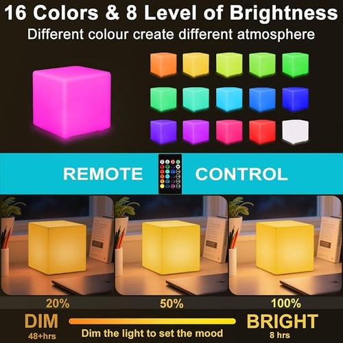 6-in LED Cube Night Light, Rechargeable LED Light Cube w/Remote, Dimmable 16 - Image 2