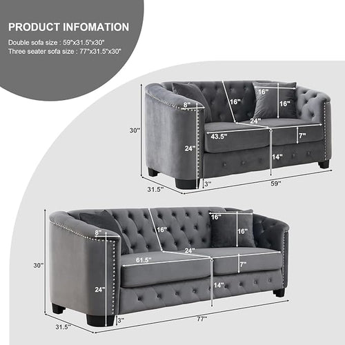 2 Piece Modern Chesterfield Velvet 77" 3-Seater+59" Loveseat Sofa Set, - Image 2