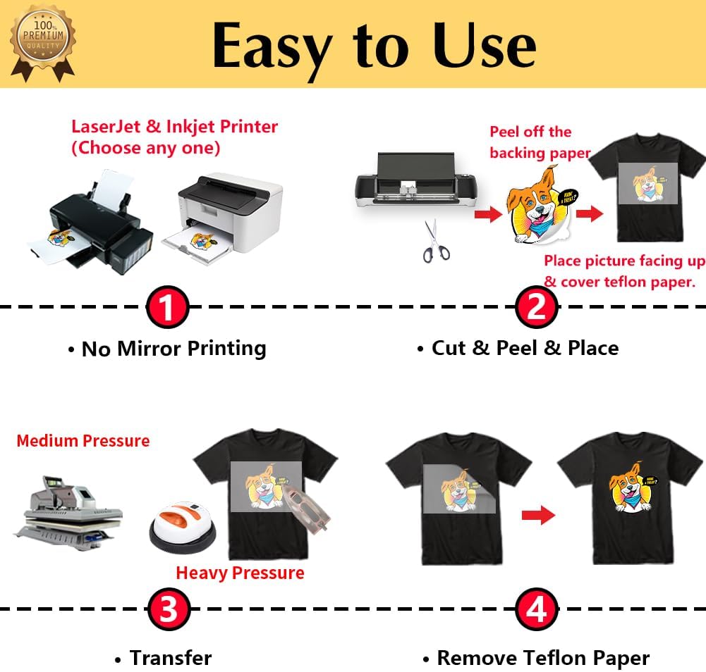 TransOurDream Heat Transfer Paper for Dark Fabric (50 Sheets, 8.5x11", Dark 3.0) Printable Iron on Transfers for Inkjet & Laserjet Printer, Printable Heat Transfer Vinyl for Tshirts (D3-50)