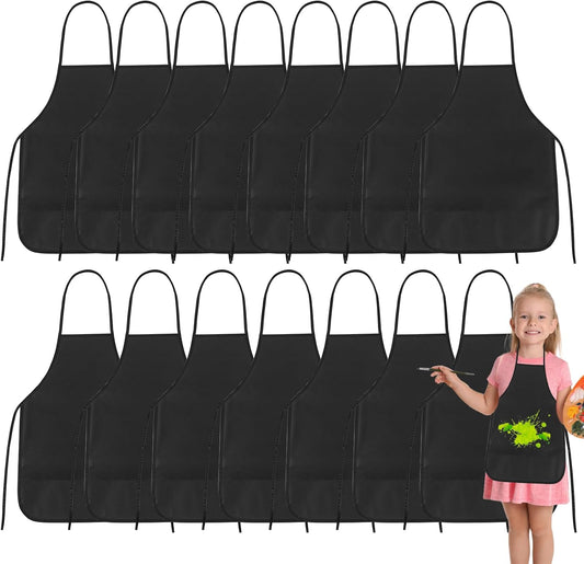 PLULON 15 Pcs Kids Apron Painting Aprons, Kids Aprons for Painting Black Aprons Art Apron Smocks Bulk for Art Activity Craft Home Kitchen Classroom Party Supplies