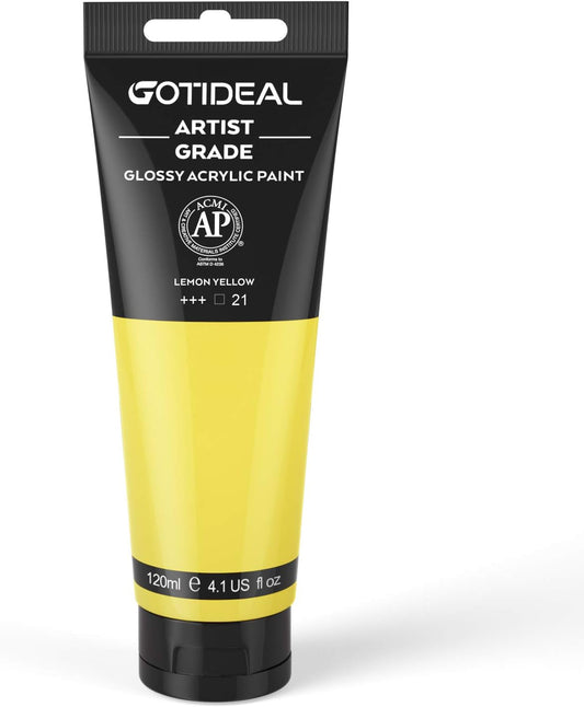 GOTIDEAL Acrylic Paint Lemon Yellow Tubes(120ml, 4.1 oz) Non Toxic Non Fading,Rich Pigments for Painters, Adults & Kids, Ideal for Canvas Wood Clay Fabric Ceramic Craft Supplies (Lemon Yellow)