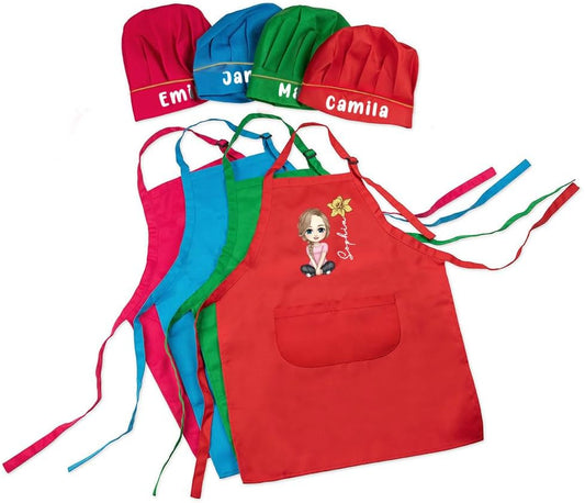 Personalized Kids Chef Hat and Apron, Custom Name Adjustable Cooking Apron for Cooking Baking Painting