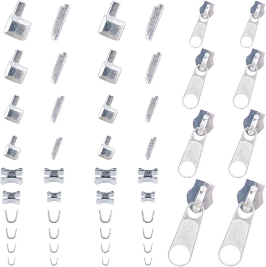 48 Pieces Metal Zipper Repair Accessories Set, Zipper Head Slider Retainer Box Insert Pin Top Bottom Stoppers for DIY Sewing Replacement Zipper Repair Kit 3# 5# 8# 10# (Platinum)