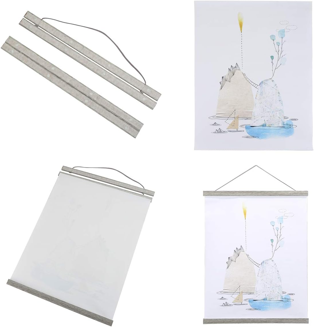 Ywlake Magnetic Poster Hanger, 24x36 24x18 24x32 Poster Frame Wood Wooden Magnet Print Posters Dowel Scroll Hanger Hangers Hanging Kit for Walls Map Canvas Artwork (Grey, 24")
