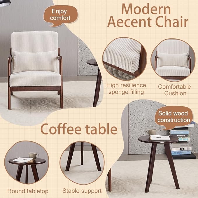 Hanuq】Mid-Century Modern Accent Chair&Coffee Table Set, Vintage Luxury Style - Image 5