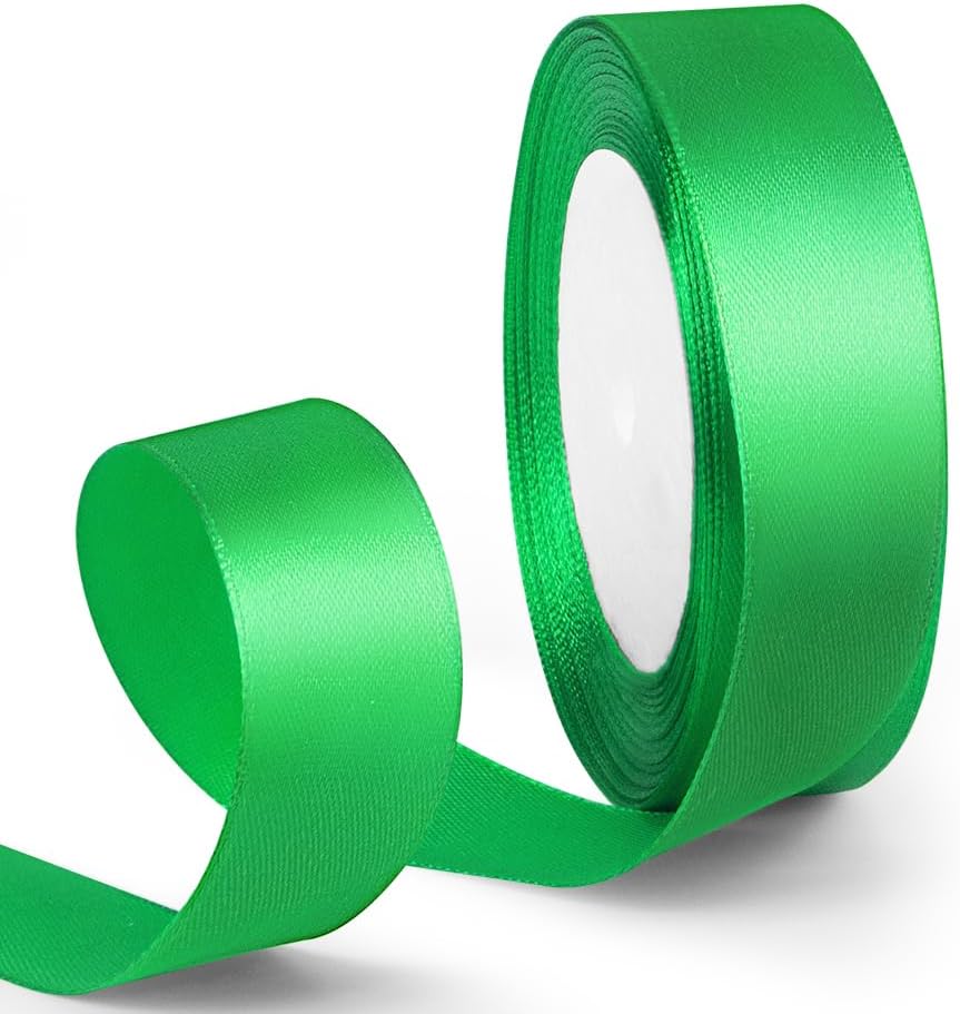 1 Inch 25 Yards Satin Ribbon Green, Solid Color Fabric Ribbon for Gift Wrapping, Wedding, Polyester Gift Ribbon for Birthday Party Decoration, Craft, Hair, Floral, Sewing
