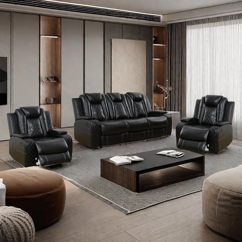 Power Recliner Set with LED Lights, Air Leather Reclining Set with USB by Unknown