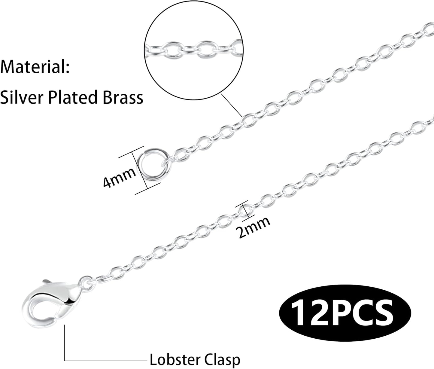 Wholesale 12 PCS Silver Plated Solid Brass Fine Flat Cable Chains Bulk for Jewelry Making 18-30 inches (24 Inch(2MM))