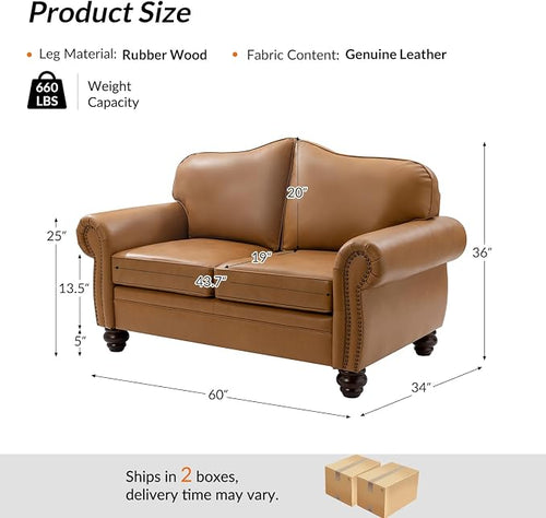 60" Wide Genuine Leather Chesterfield Loveseat, 2 Seat Leather Sofa - Image 2