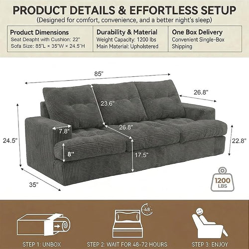 85" Corduroy 3 Seater Sofa in a Box, High-Density Foam Couch, No Assembly - Image 2