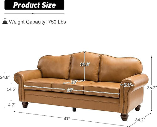81" Genuine Leather Sofa, Classic 3-Seater Couchs - Image 2
