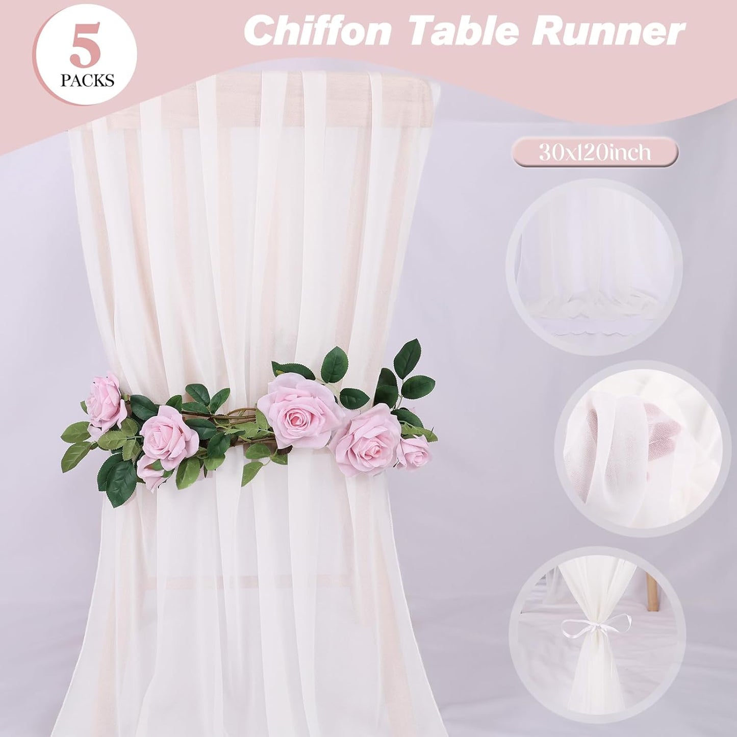 5 Packs 10ft White Chiffon Table Runner 30 x 120 Inches Romantic Sheer Table Runners for Wedding Party Bridal Baby Shower Birthday Holiday Decorations