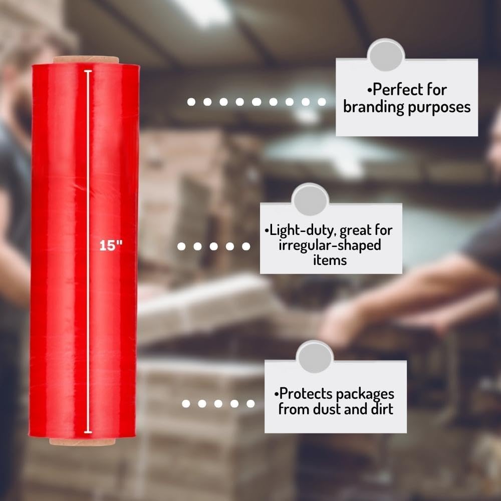 PSBM Red Stretch Wrap, 15 Inch x 1476 Feet, 144 Pack, Tinted Pre-Stretched Shrink Wrap Film for Moving, Packaging, Pallet Wrapping