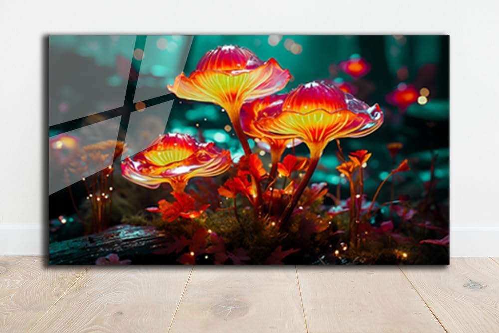 SpiritualHands Fantastic Mushrooms Glass Wall Art Oil Painting for Living Room, Tempered Glass Modern Prints Decor, Large Vivid Color Panel for Bedroom, Kitchen, or Office