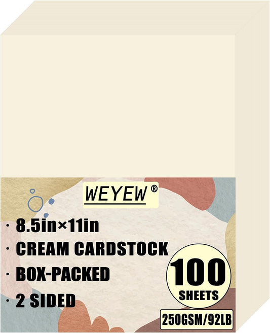 100 Sheets 92lb Cream Cardstock, 8.5" x 11", Premium Card Stock Blank Invitation Paper Greeting Cards DIY Craft Card Making, 92LB Cover 250 GSM