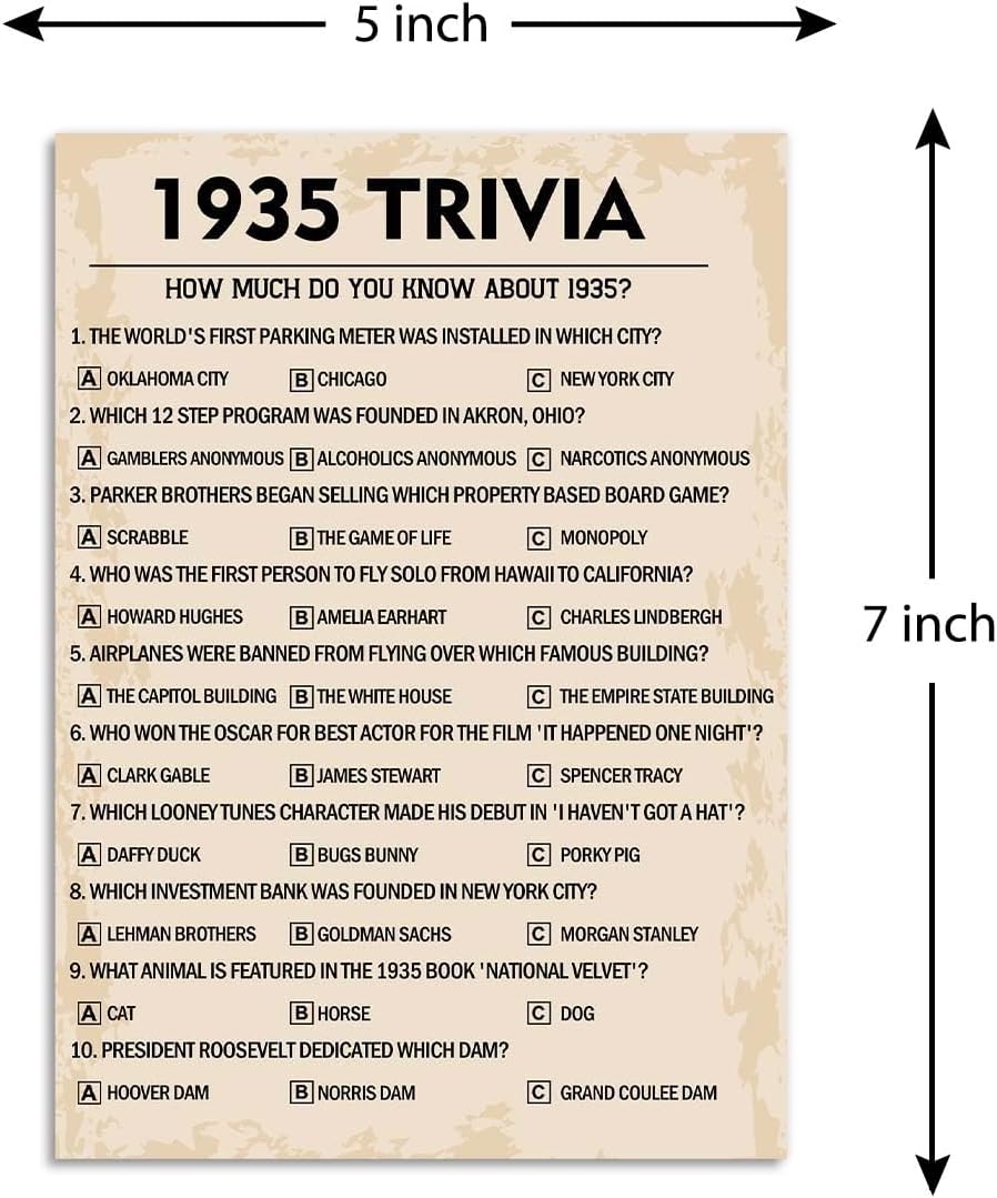 QUPT 90th Birthday Party Games, 1935 Trivia Games, Birthday Party Supplies for Adults, Fun 1935s Party Game，Pack of 30 Cards