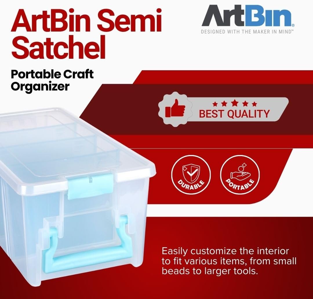 ArtBin 6925AA Semi Satchel with Removable Dividers, Portable Art & Craft Organizer with Handle, [1] Plastic Storage Case, Clear with Aqua Accents